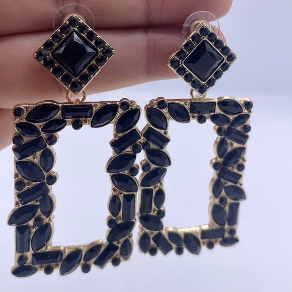 NOIR rhinestone crystal square drop dangle earrings, statement jewelry- New - Picture 8 of 11